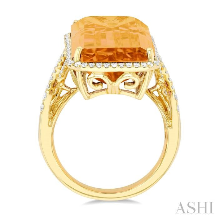 26x12 MM Emerald Cut Citrine and 1/2 ctw Round Cut Diamond Halo Semi Precious Ring in 14K Yellow Gold