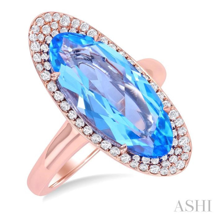18x8 MM Oval Cut Blue Topaz and 1/3 ctw Round Cut Diamond Halo Semi Precious Ring in 14K Rose Gold