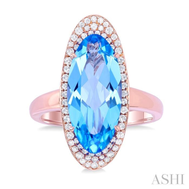 18x8 MM Oval Cut Blue Topaz and 1/3 ctw Round Cut Diamond Halo Semi Precious Ring in 14K Rose Gold