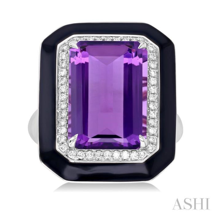 14x10 MM Emerald Cut Amethyst and 1/5 ctw Round Cut Diamond Halo & Black Enamel Border Semi Precious Ring in 14K White Gold