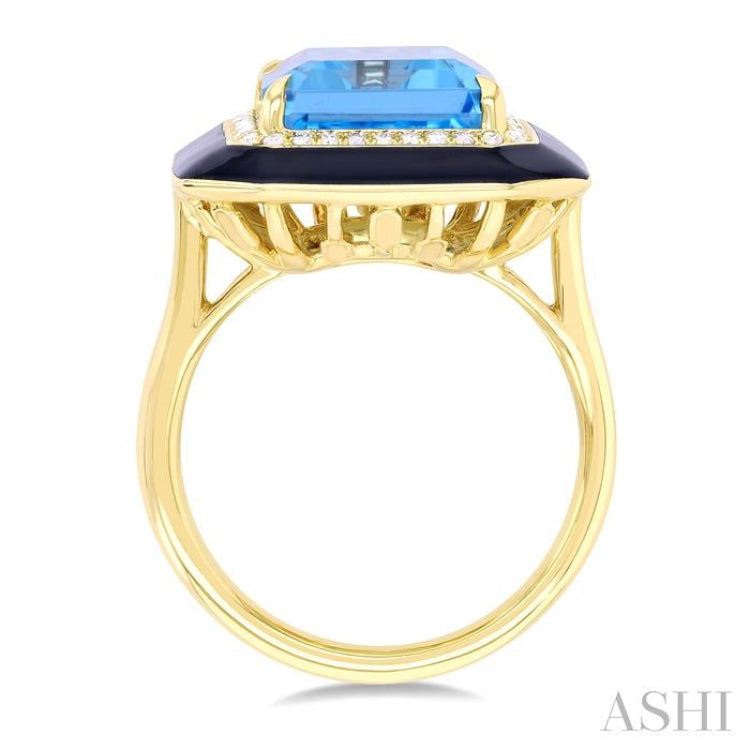14x10 MM Emerald Cut Blue Topaz and 1/5 Ctw Round Cut Diamond Halo & Black Enamel Border Semi-Precious Ring in 14K Yellow Gold