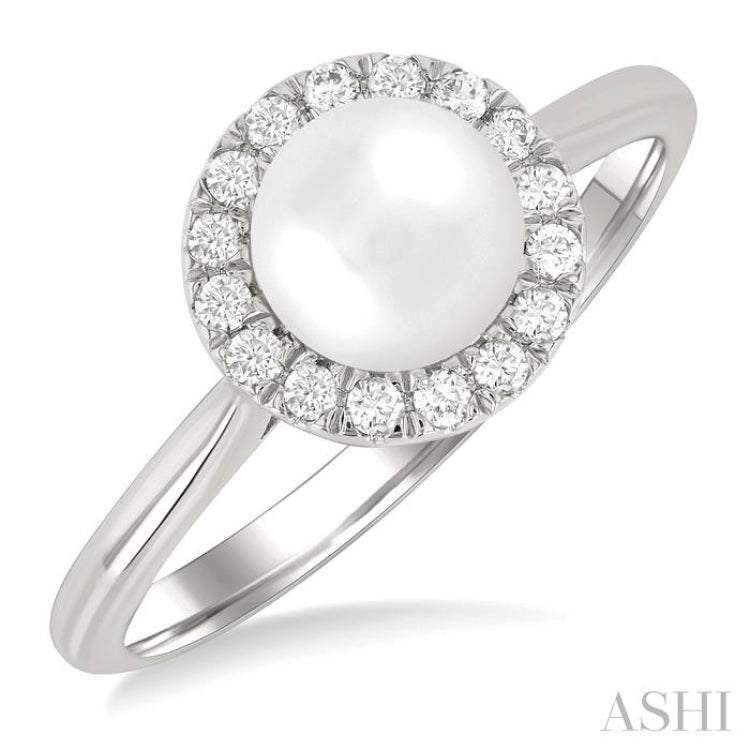 6 MM White Cultured Pearl and 1/6 ctw Round Cut Diamond Halo Ring in 10K White Gold