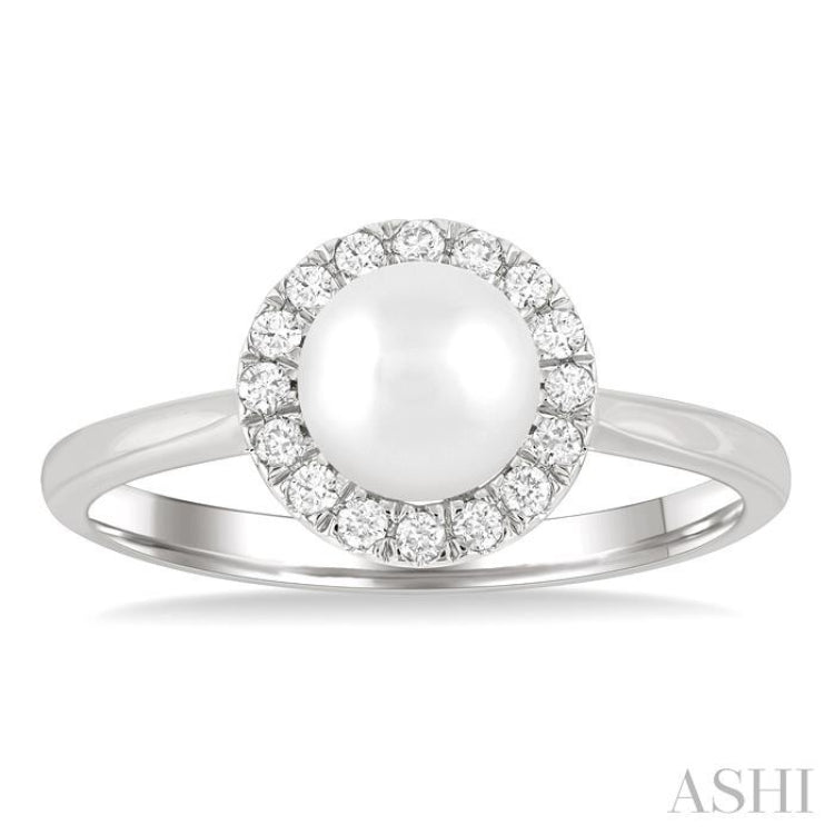 6 MM White Cultured Pearl and 1/6 ctw Round Cut Diamond Halo Ring in 10K White Gold