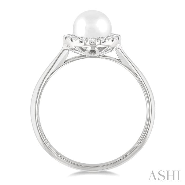 6 MM White Cultured Pearl and 1/6 ctw Round Cut Diamond Halo Ring in 10K White Gold