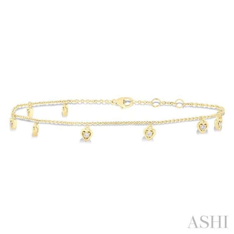 1/10 ctw Heart Charm Round Cut Diamond Station Anklet in 10K Yellow Gold