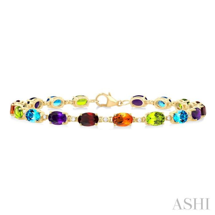 6X4 MM Oval Cut Multiple Gemstone and 1/6 ctw Round Cut Diamond Semi Precious Tennis Bracelet in 10K Yellow Gold