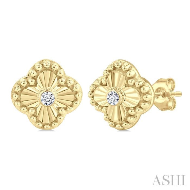 1/50 Ctw Fluted Texture Clover Bead Round Cut Diamond Bezel Set Fashion Earrings in 10K Yellow Gold
