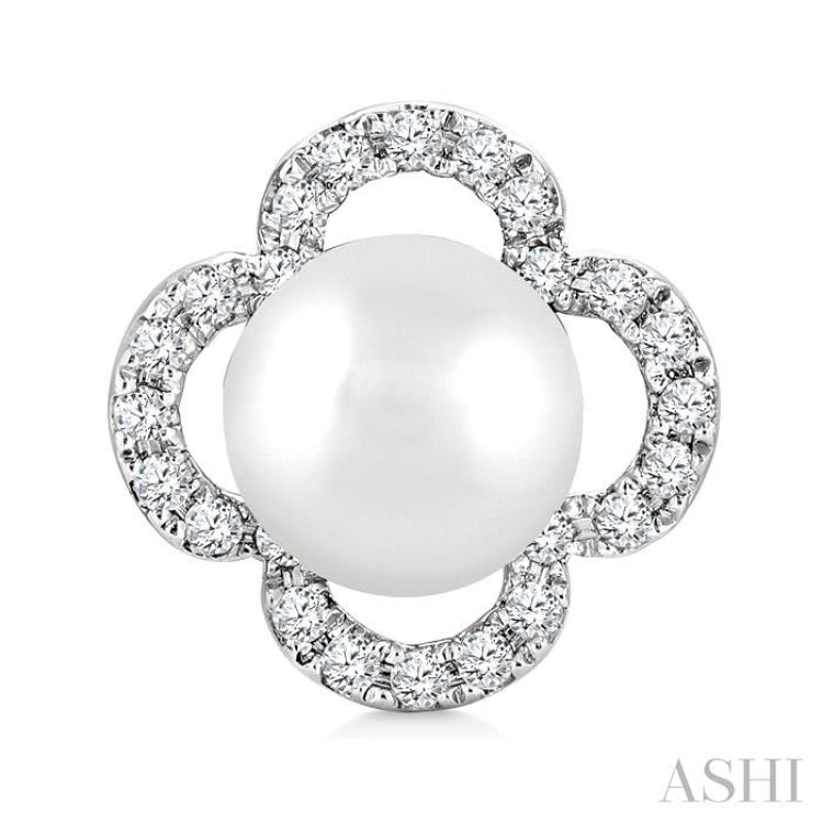 5 MM Cultured Pearl and 1/6 Ctw Round Cut Diamond Clover Petite Fashion Earrings in 10K White Gold