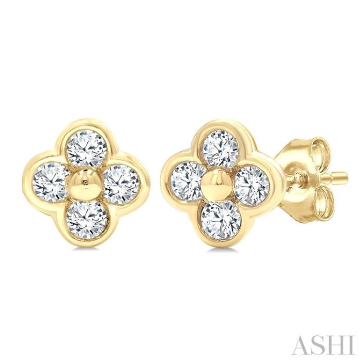 1/6 Ctw Bezel Set Round Cut Diamond Clover Petite Fashion Earrings in 10K Yellow Gold