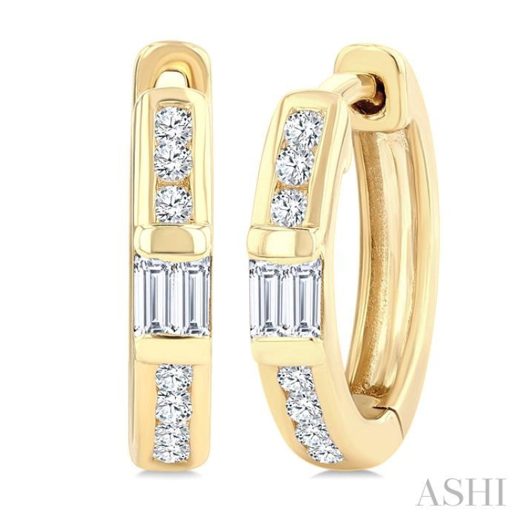 1/5 Ctw Round Cut and Baguette Diamond Channel Set Petite Huggie Earrings in 10K Yellow Gold