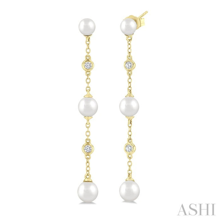 4 MM, 5 MM & 6 MM Round Shape Cultured Pearls and 1/10 Ctw Round Cut Diamond Station Long Earrings in 14K Yellow Gold
