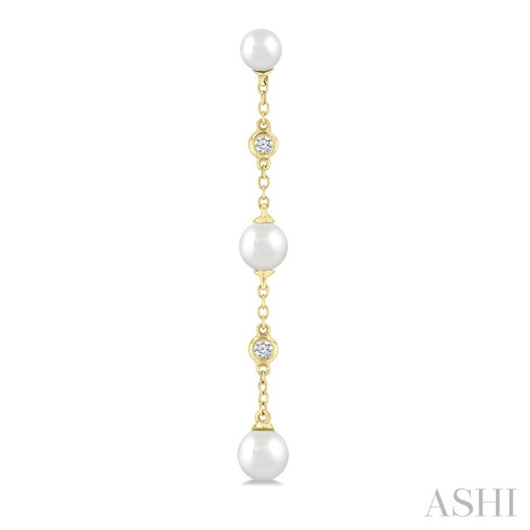 4 MM, 5 MM & 6 MM Round Shape Cultured Pearls and 1/10 Ctw Round Cut Diamond Station Long Earrings in 14K Yellow Gold