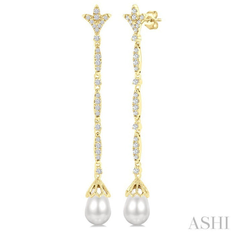 9X7 MM Marquise Link Teardrop Cultured Pearl and 1/2 Ctw Round Cut Diamond Long Earrings in 14K Yellow Gold