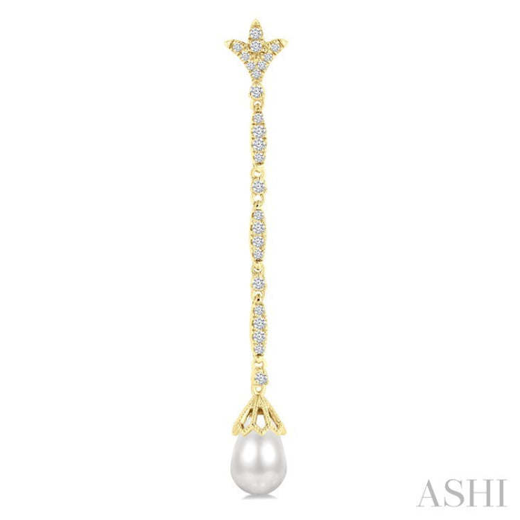 9X7 MM Marquise Link Teardrop Cultured Pearl and 1/2 Ctw Round Cut Diamond Long Earrings in 14K Yellow Gold