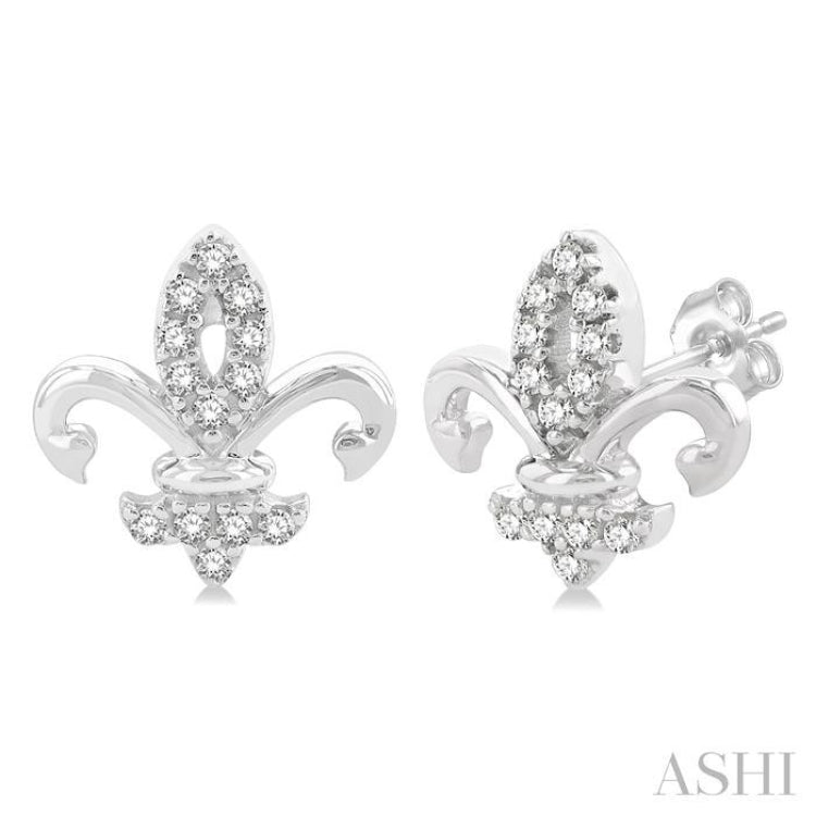 1/8 Ctw Petite Fleur De Lis Round Cut Diamond Fashion Stud Earrings in 10K White Gold