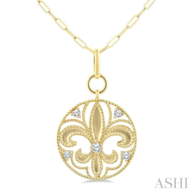 1/4 Ctw Fleur De Lis Round Cut Diamond Fashion Medallion Pendant With Chain in 14K Yellow Gold