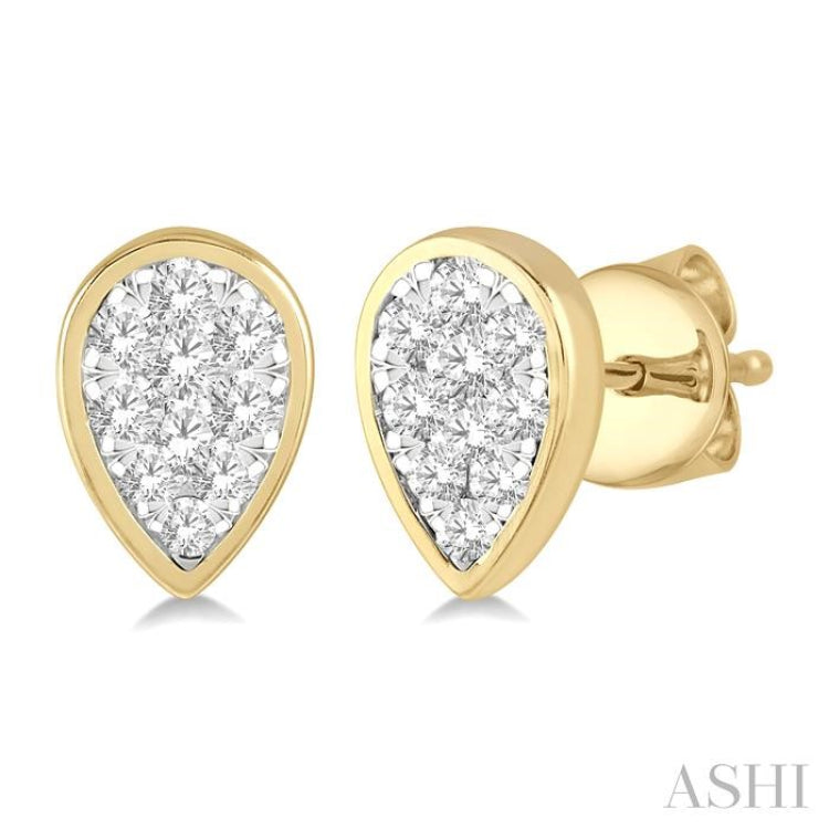 1/2 Ctw Pear Shape Lovebright Round Cut Diamond Bezel Stud Earrings in 14K Yellow and White Gold