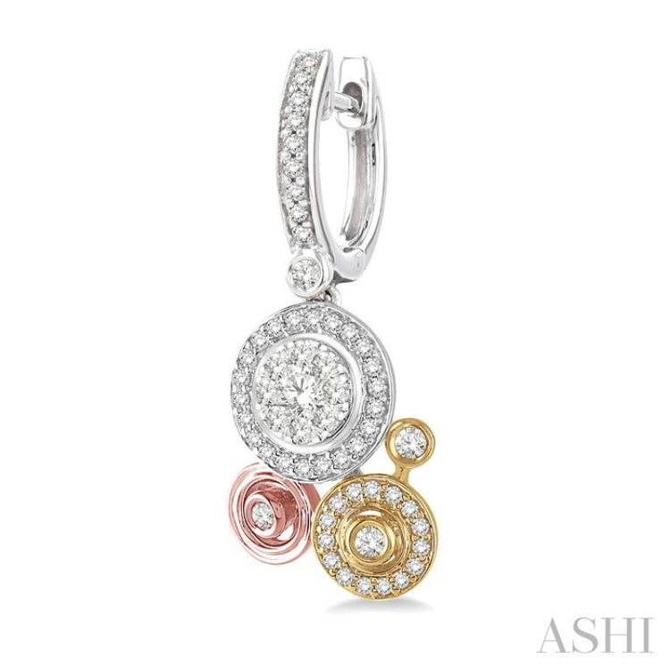 7/8 Ctw Round Cut Diamond Lovebright Fashion Earrings in 14K Tri Color Gold