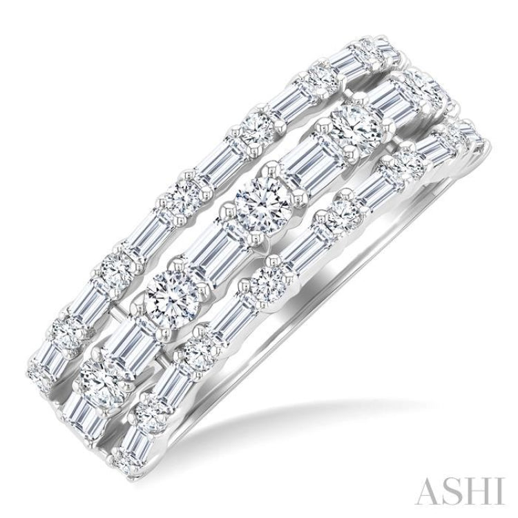 1 1/2 Ctw Triple Row Emerald, Baguette and Round Cut Diamond Fashion Band in 14K White Gold