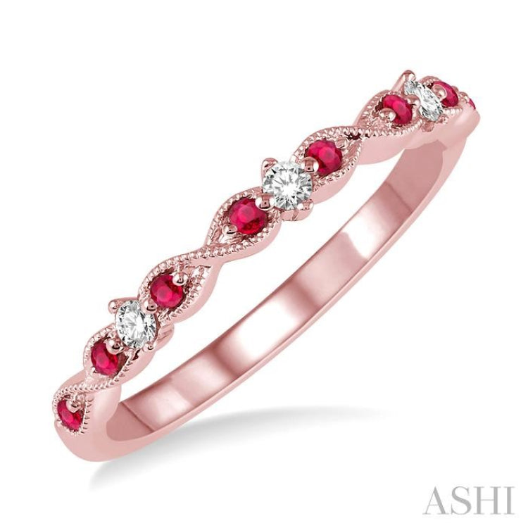 1.25 MM Ruby and 1/10 Ctw Round Cut Diamond Precious Wedding Band in 14K Rose Gold
