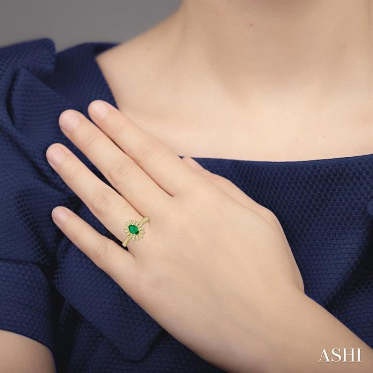 6x4 MM Floral Oval Shape Emerald and 1/5 Ctw Round Cut Diamond Precious Ring in 10K Yellow Gold