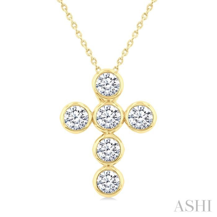 2 Ctw Round Cut Diamond 6-Stone Bezel Set Cross Pendant With Chain in 14K Yellow Gold