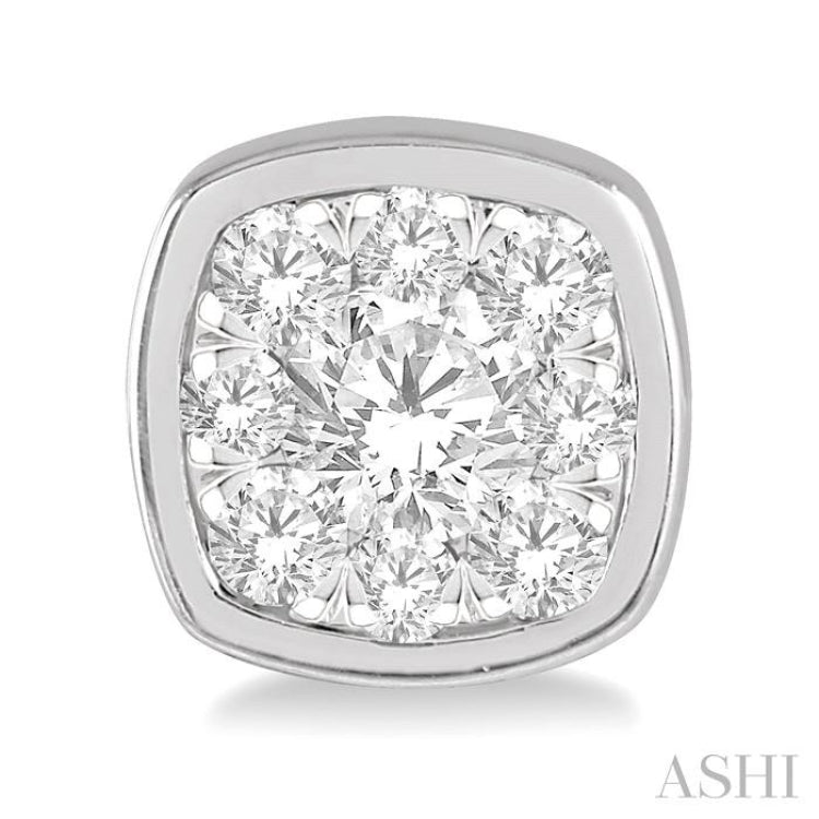 3/4 Ctw Cushion Shape Round Cut Diamond Lovebright Bezel Stud Earrings in 14K White Gold