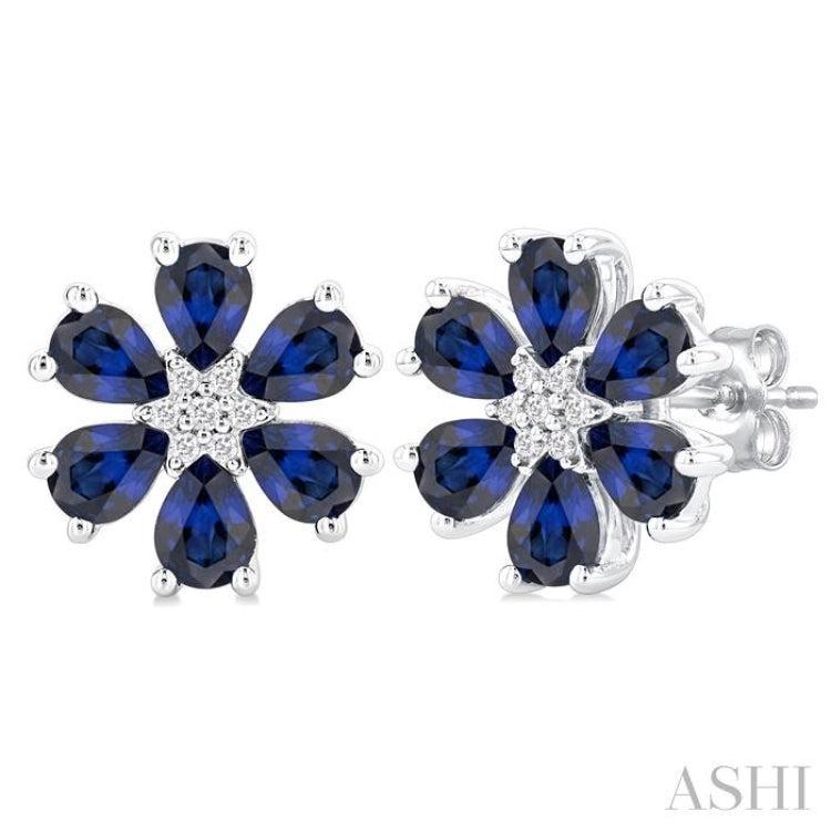 4X3 MM Floral Blossom Pear Cut Sapphire and 1/20 Ctw Round Cut Diamond Precious Stud Earrings in 14K White Gold
