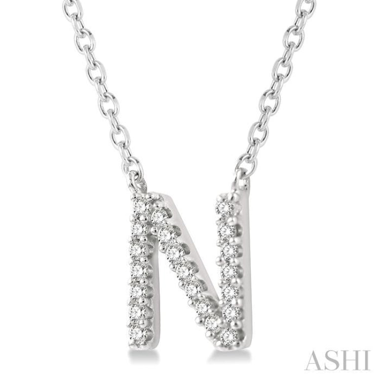 1/20 Ctw Initial 'N' Round Cut Diamond Pendant With Chain in 10K White Gold