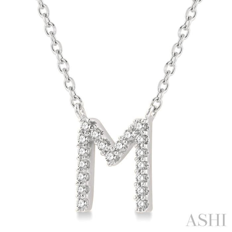 1/20 Ctw Initial 'M' Round Cut Diamond Pendant With Chain in 10K White Gold