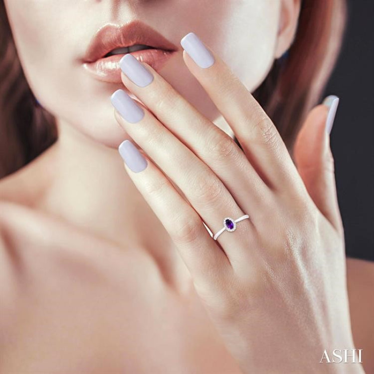 5x3 MM Oval Shape Amethyst and 1/20 Ctw Round Cut Diamond Halo Semi-Precious Ring in 10K White Gold