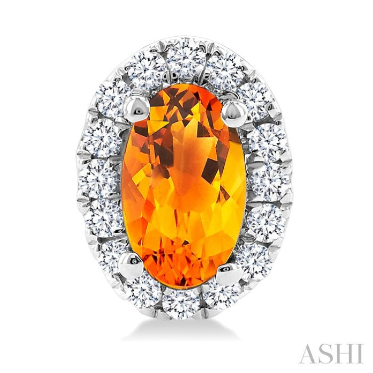 5x3 MM Oval Shape Citrine and 1/8 Ctw Round Cut Diamond Halo Semi-Precious Stud Earrings in 14K White Gold