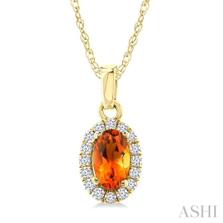 5x3 MM Oval Shape Citrine and 1/20 Ctw Round Cut Diamond Halo Semi-Precious Pendant with Chain in 10K Yellow Gold