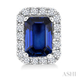 6x4 MM Octagonal Shape Sapphire and 1/4 Ctw Round Cut Diamond Halo Precious Stud Earrings in 14K White Gold