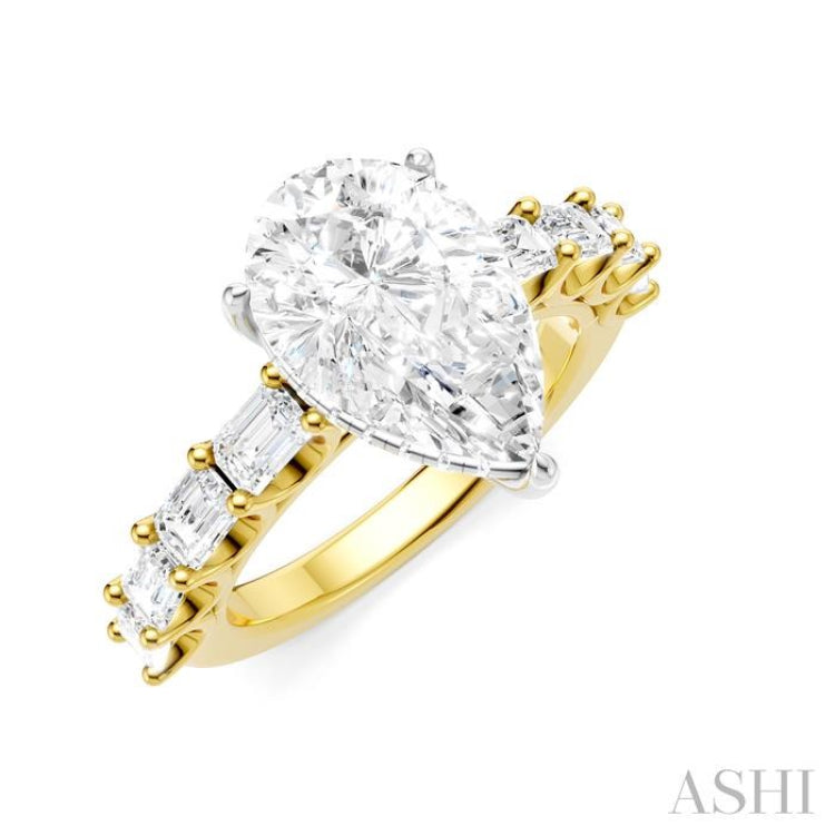 1 1/3 Ctw Pear Shape Emerald and Round Cut Diamond Semi-Mount Engagement Ring in 14K Yellow and White Gold