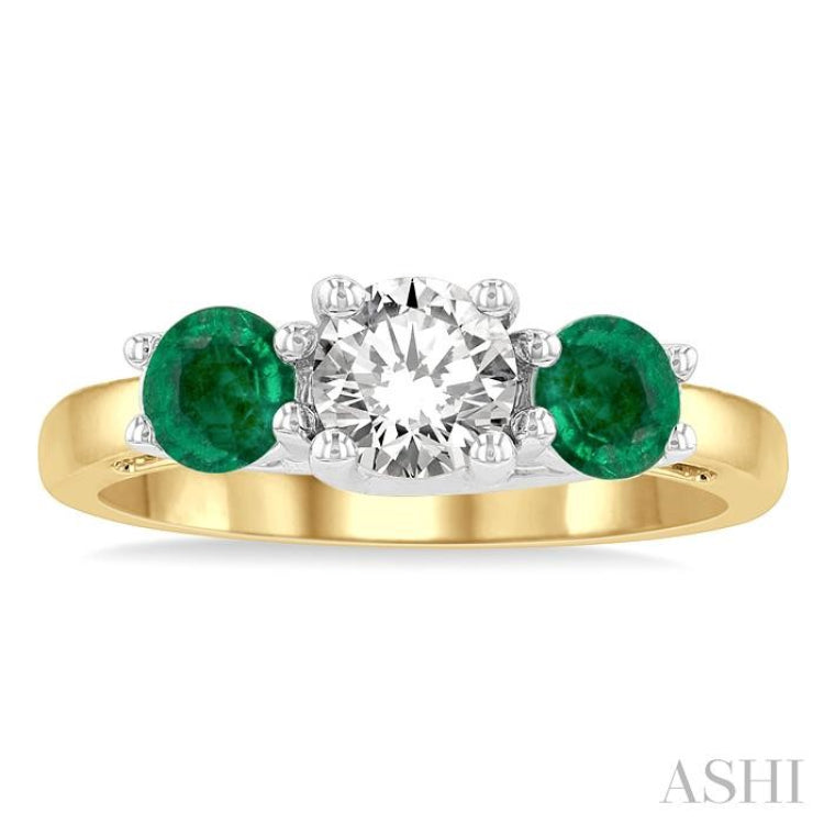4.65 MM Round Shape Past Present and Future Emerald and 3/4 Ctw Round Cut Diamond Precious Ring in 14K Yellow and White Gold