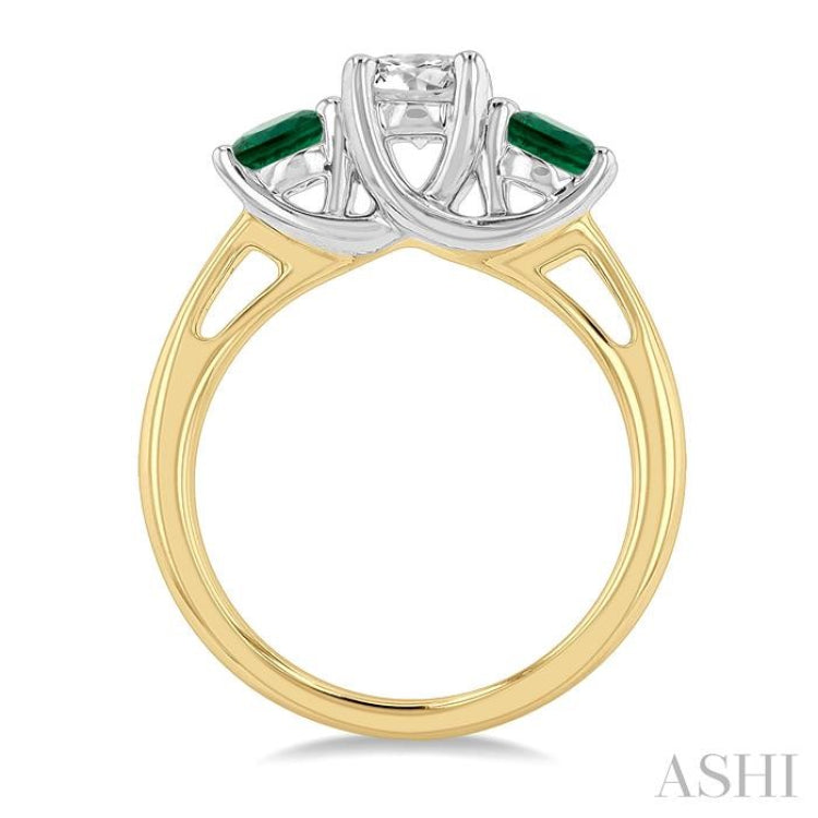 4.65 MM Round Shape Past Present and Future Emerald and 3/4 Ctw Round Cut Diamond Precious Ring in 14K Yellow and White Gold