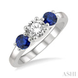 3.90 MM Round Shape Sapphire and 1/2 Ctw Past Present and Future Round Cut Diamond Precious Ring in 14K White Gold