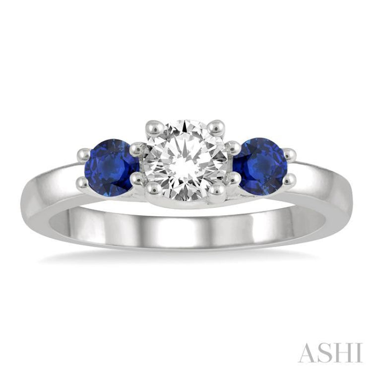 3.50 MM Round Shape Sapphire and 3/8 Ctw Past Present and Future Round Cut Diamond Precious Ring in 14K White Gold