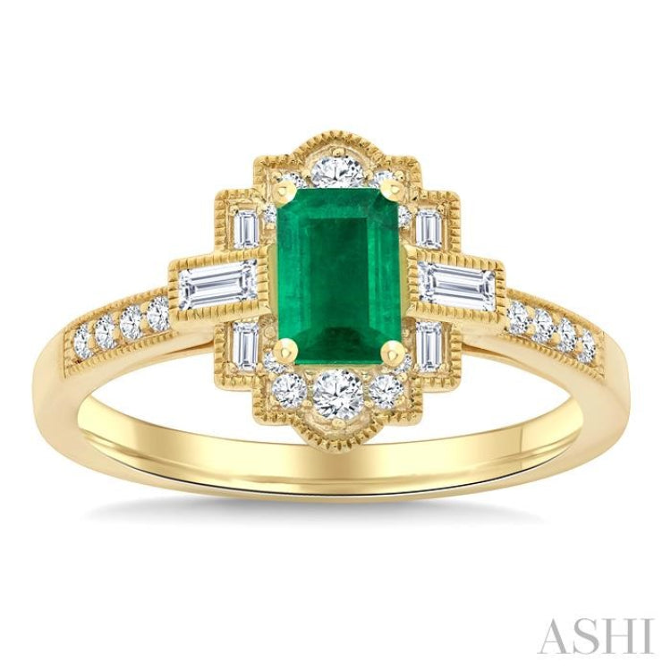 1/3 Ctw Art Deco 6X4MM Emerald, Baguette and Round Cut Diamond Precious Fashion Ring in 14K Yellow Gold