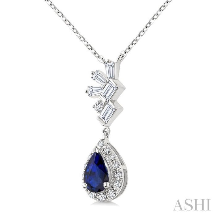 6X4MM Pear Cut  Sapphire, Round and 1/4 Ctw  Baguette Cut Scatter Diamond Precious Fashion Pendant With Chain in 10K White Gold