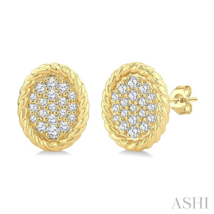 1/5 Ctw Oval Shape Rope Border Round Cut Diamond Fashion Stud Earrings in 10K Yellow Gold