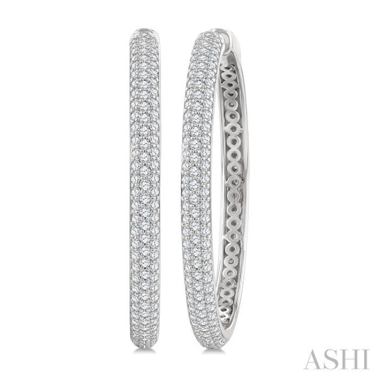 1 1/2 Ctw 3-Row Pave Set Round Cut Diamond Fashion Hoop Earrings in 14K White Gold