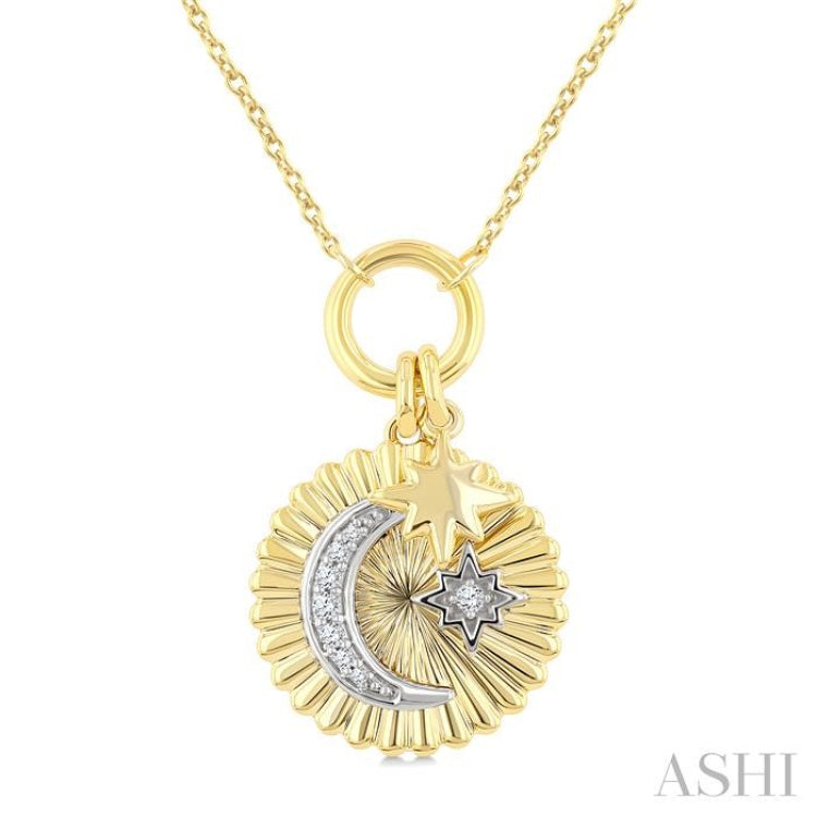 1/20 Ctw Fluted Medallion Crescent Moon & Star Charm Round Cut Diamond Pirouette Fashion Pendant With Chain in 10K Yellow and White Gold