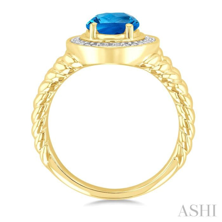 9X7 MM Oval Shape Blue Topaz and 1/20 Ctw Round Cut Diamond Semi-Precious Rings in Yellow Gold Vermeil
