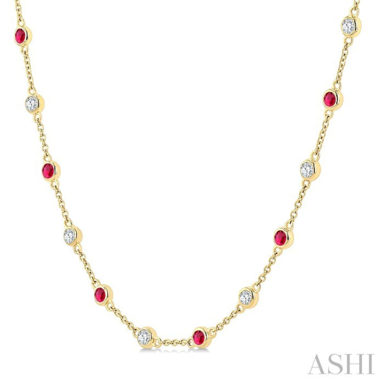 2.4 MM Round Shape Ruby and 7/8 Ctw Round Cut Diamond Precious Station Necklace in 14K Yellow Gold