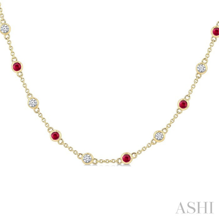 2.4 MM Round Shape Ruby and 7/8 Ctw Round Cut Diamond Precious Station Necklace in 14K Yellow Gold