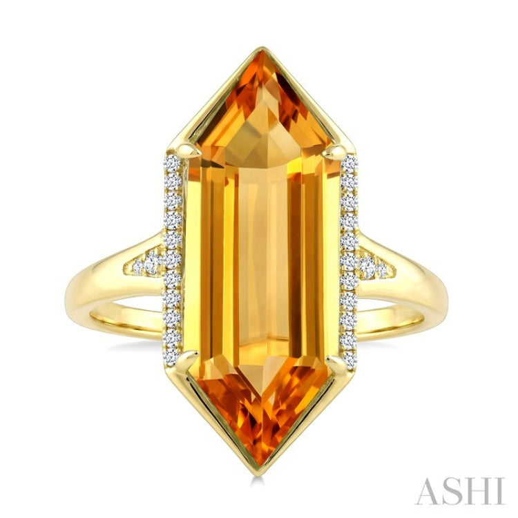 22X8 MM Evoque Gemstone Hexagon Shape Citrine and 1/10 Ctw Round Cut Diamond Semi-Precious Ring in 14K Yellow Gold