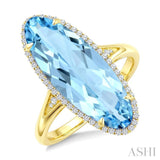 22X8 MM Evoque Gemstones Oval Shape Blue Topaz and 1/5 Ctw Round Cut Diamond Semi-Precious Ring in 14K Yellow Gold