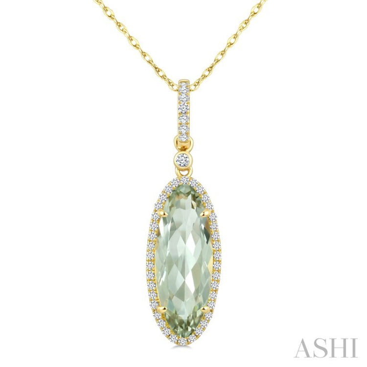 16X6 MM Evoque Gemstone Oval Shape Green Amethyst and 1/5 Ctw Round Cut Diamond Semi-Precious Pendant With Chain in 10K Yellow Gold
